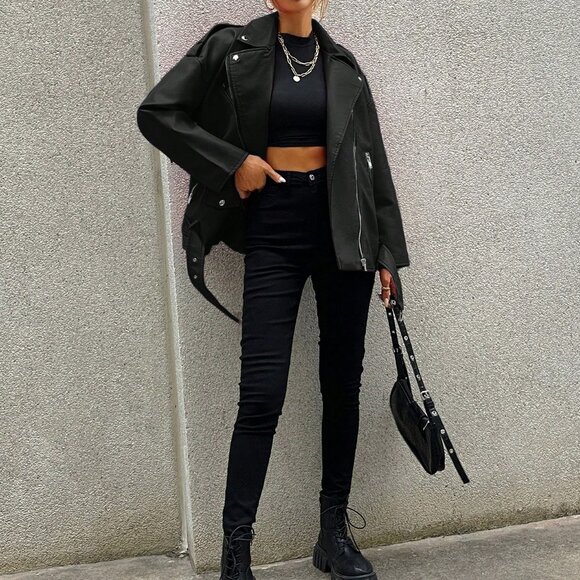 Black Casual Women's Zip Up Flap Detail Belted Moto Jacket - Picture 3 of 5